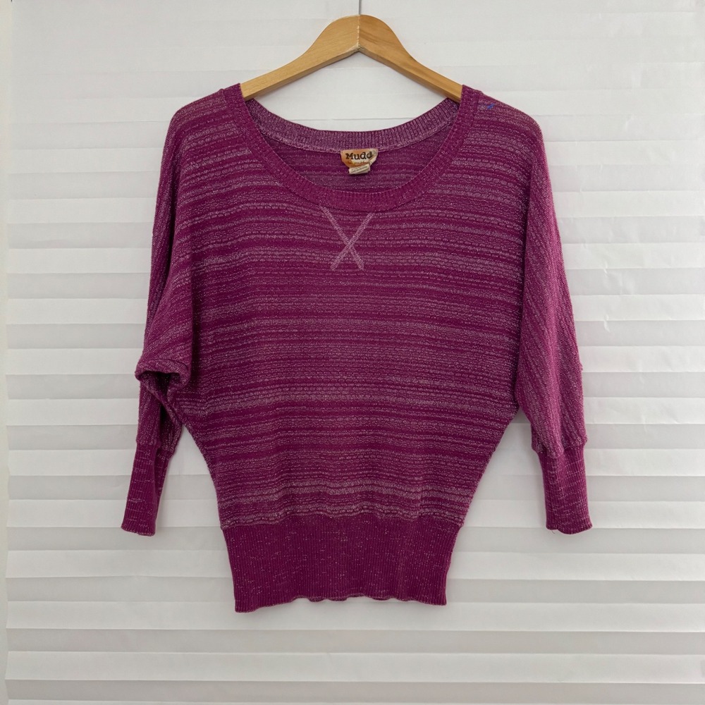 Mudd Womens Magenta Purple Metallic Shimmer Dolman Sleeve Y2K Sweater Size M
